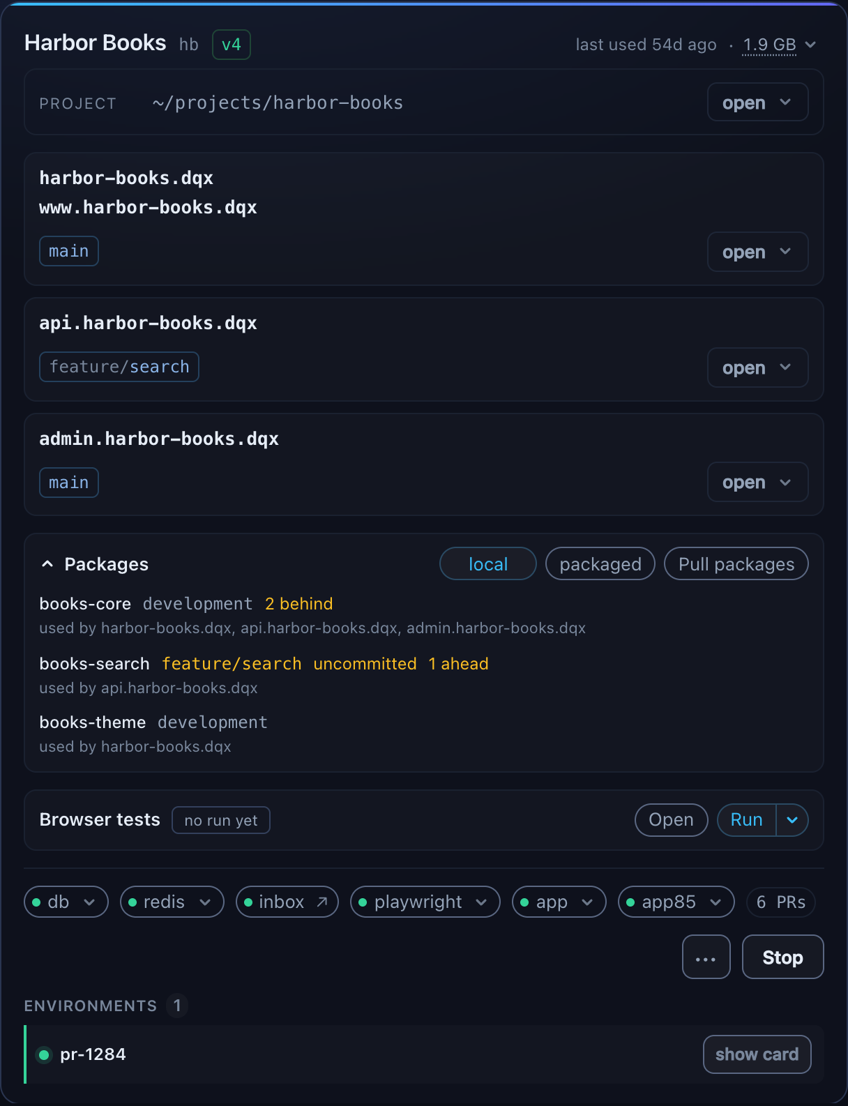 One project card: the project path, three checkouts with their domains, branches and open buttons, the database, the service dots, the memory figure, a 6 PRs chip and one environment