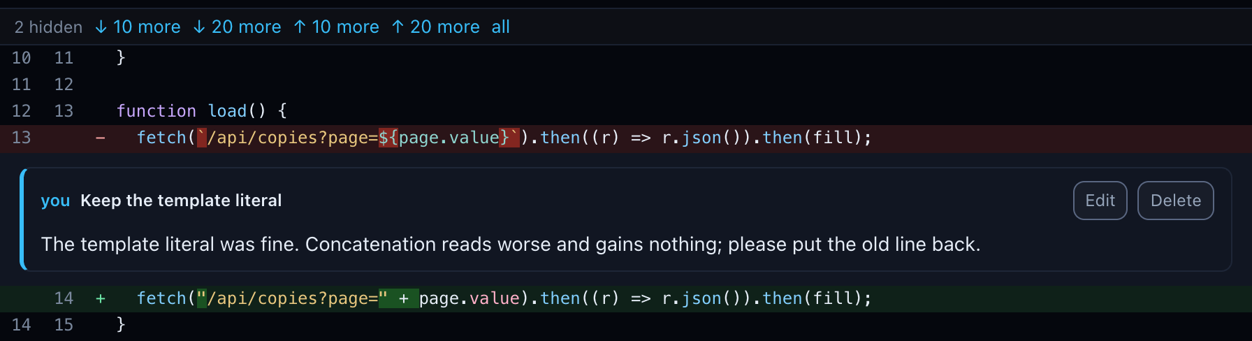 Removed line 13 of CopyTable.vue with the template literal, your comment Keep the template literal under it, and the added line 14 that replaced it