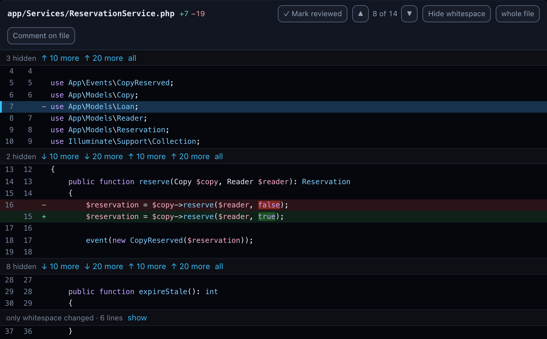 The header of ReservationService.php with the change counter, Hide whitespace, whole file and Comment on file, and below the hunks a row saying only whitespace changed, 6 lines, with show